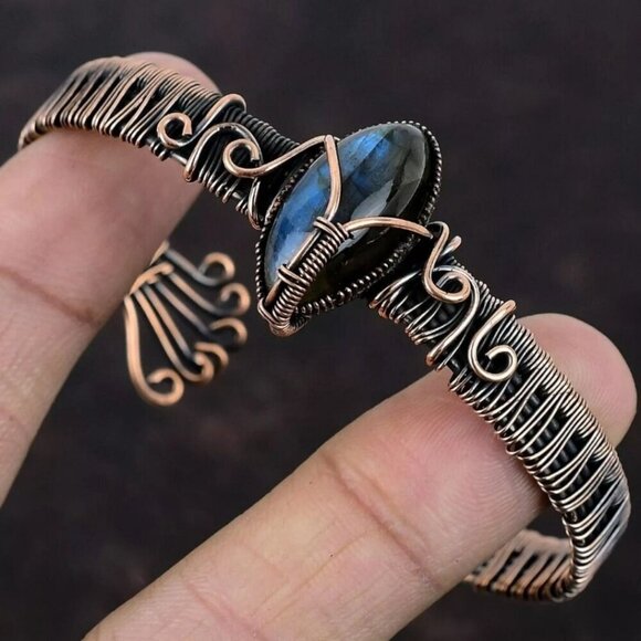 Handcrafted ✦ Marquise Labradorite Bangle ✦ Wire‑Wrapped Copper Bracelet NWT - Picture 5 of 13